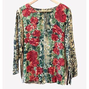 Vintage Carol Little Red Floral Top German Fabric Artsy Print Made USA Boho Fall
